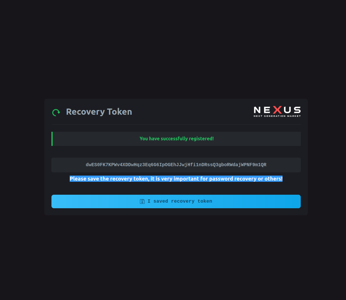 Nexus Darknet Store recovery token system